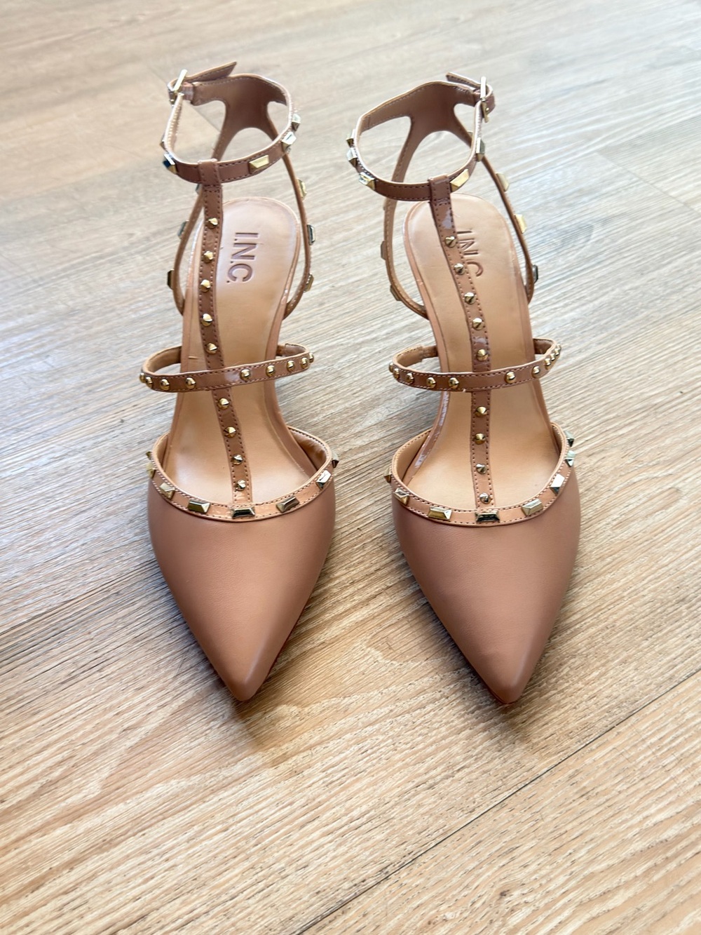 INC International Concepts Taupe Studded T-Strap Pointed Heels